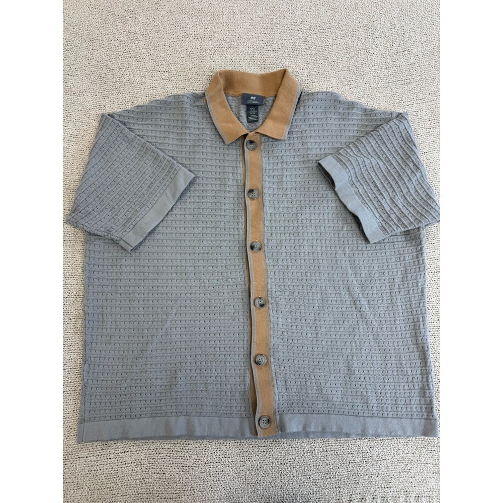 HM Regular Fit Textured Knit Button Down Shirt XL Grey Tan Short Sleeve